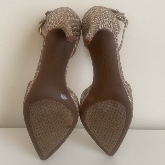 Jessica Simpson Lana High Heels Sz 9 Double Bow Ankle Strap Glittery Gold Pumps - Picture 14 of 15